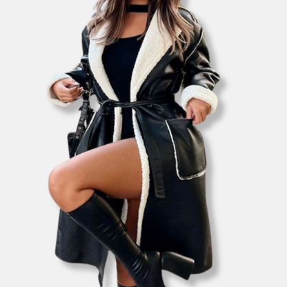 Women’s Long Coat – Oversized Fit – Wrap Style with Plush Trim and Tie Belt