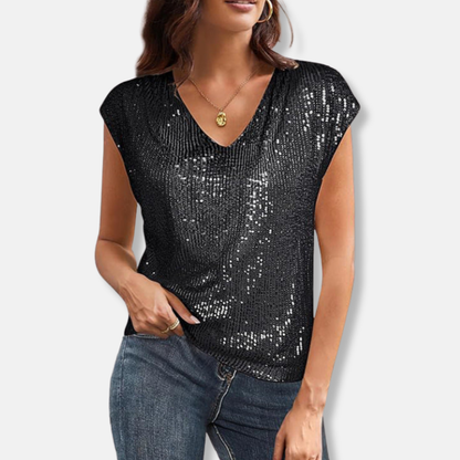 Lily Sequin V-Neck Top | Relaxed Fit Cap Sleeve Top
