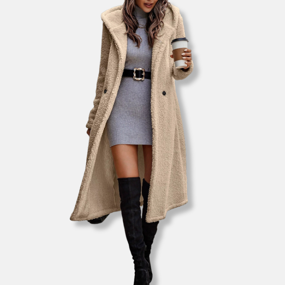 Women’s Long Coat – Plush Fleece Feel – Relaxed Fit – Hooded – Notched Lapel