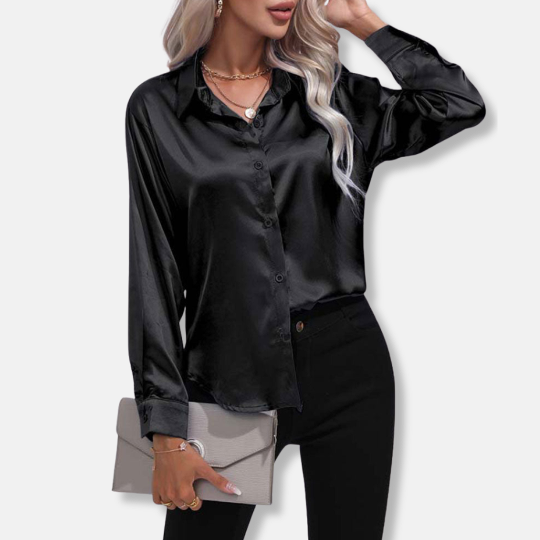 Clara Satin Button-Up Blouse | Collared Relaxed Fit Blouse
