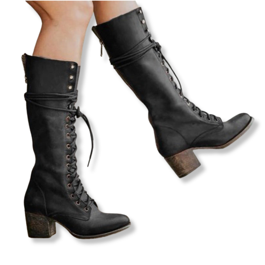 Isla Lace-Up Knee Boots | Block Heel Fold-Over Cuff Boots