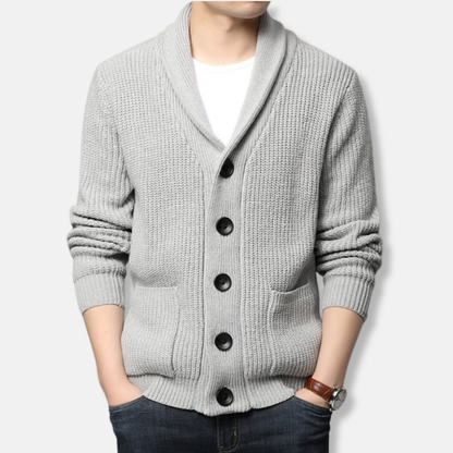 Men’s Cardigan Sweater – Regular Fit – Chunky Ribbed Knit – Shawl Collar – Button Front