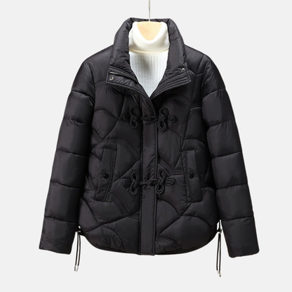 Women’s Puffer Jacket – Quilted Geometric Pattern – Frog Button – Adjustable Hem