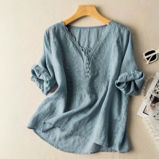 Isla Relaxed Fit Blouse | Embroidered Button Front Blouse