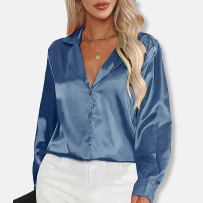 Isla Satin Button-Down Blouse | Relaxed Fit Collared Blouse
