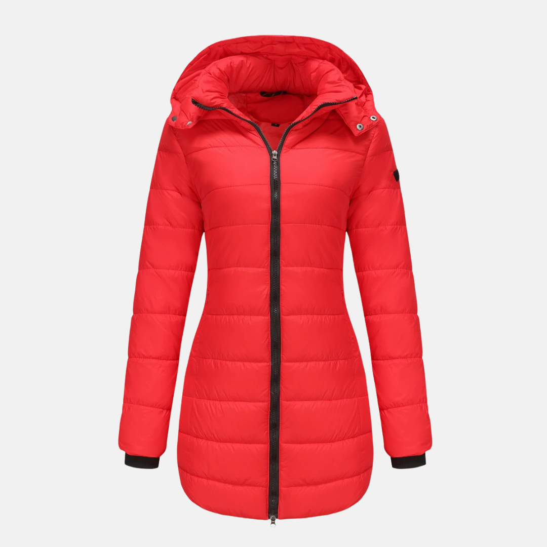 Women’s Puffer Jacket – Insulated Padding – Detachable Hood – Mid-Length Fit – Ribbed Cuffs