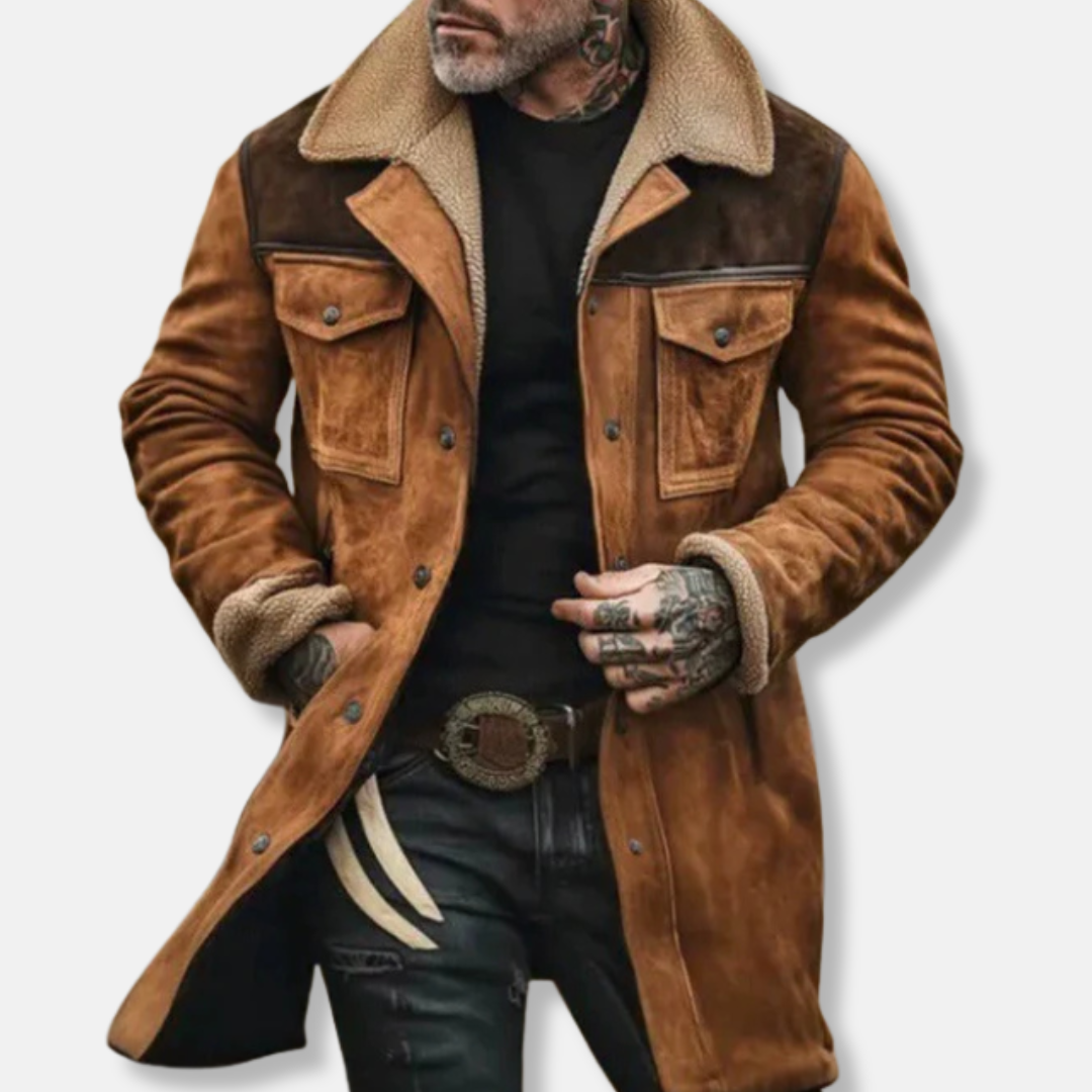 Men’s Casual Long Coat – Suede Texture – Faux Shearling Collar – Button-Up Front