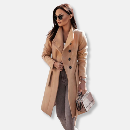 Women’s Long Coat – Wool Blend – Double-Breasted – Structured Fit – Formal Wear