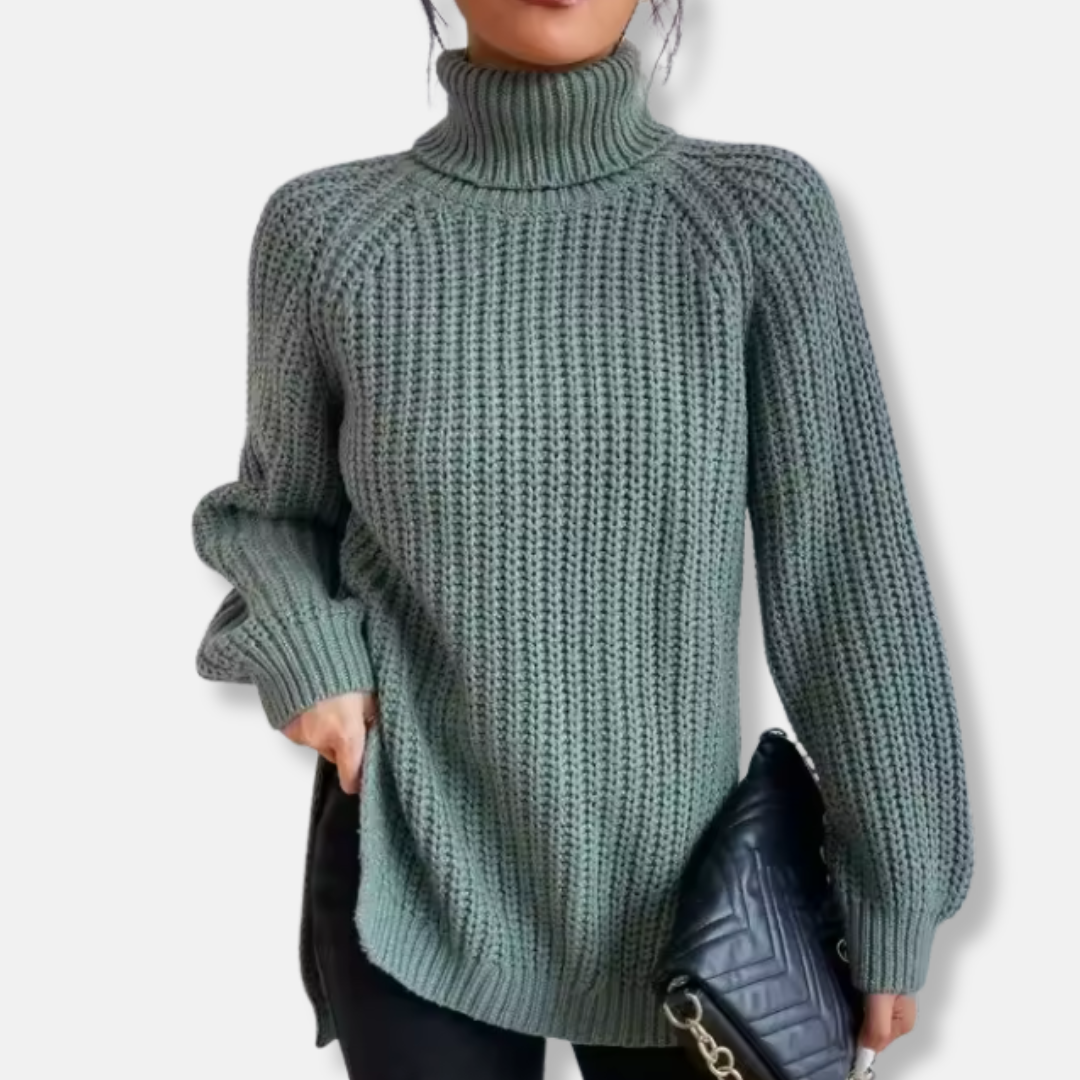 Women’s Pullover Sweater – Oversized Fit – Chunky Wool Knit – Turtleneck – Split Hem