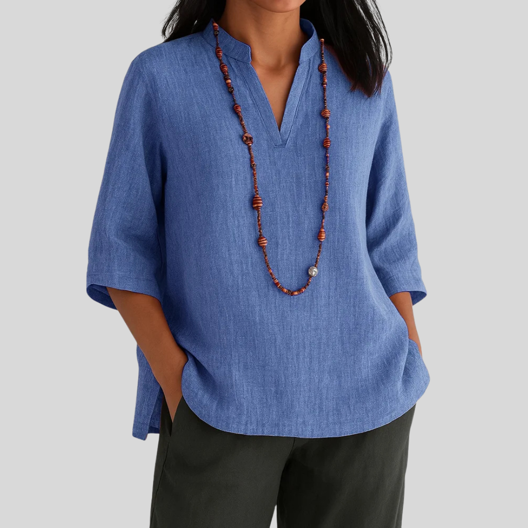 Alice Relaxed Fit Blouse | Notch V-Neck Elbow Sleeve Blouse