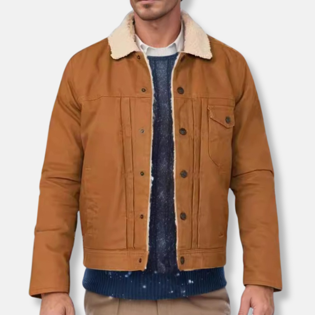 Men’s Trucker Jacket – Relaxed Fit – Sherpa Collar – Button Front – Durable Cotton