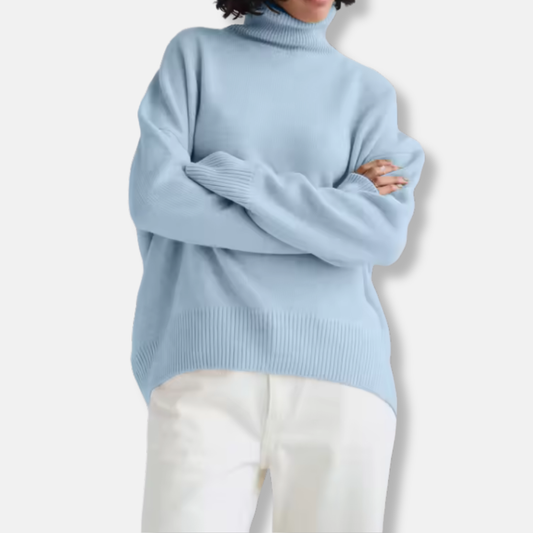 Women’s Pullover Sweater – Oversized Fit – Knit Wool Blend – Ribbed Turtleneck – Long Sleeve