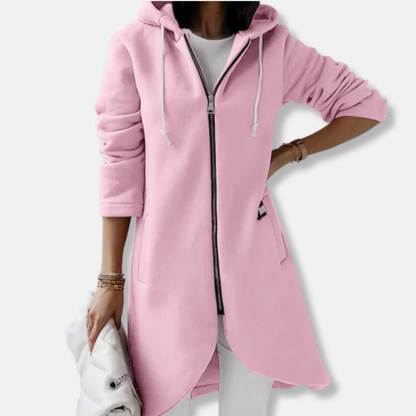 Women’s Long Hooded Sweater – Relaxed Fit – Fleece Feel – Asymmetrical Hem – Zip Front