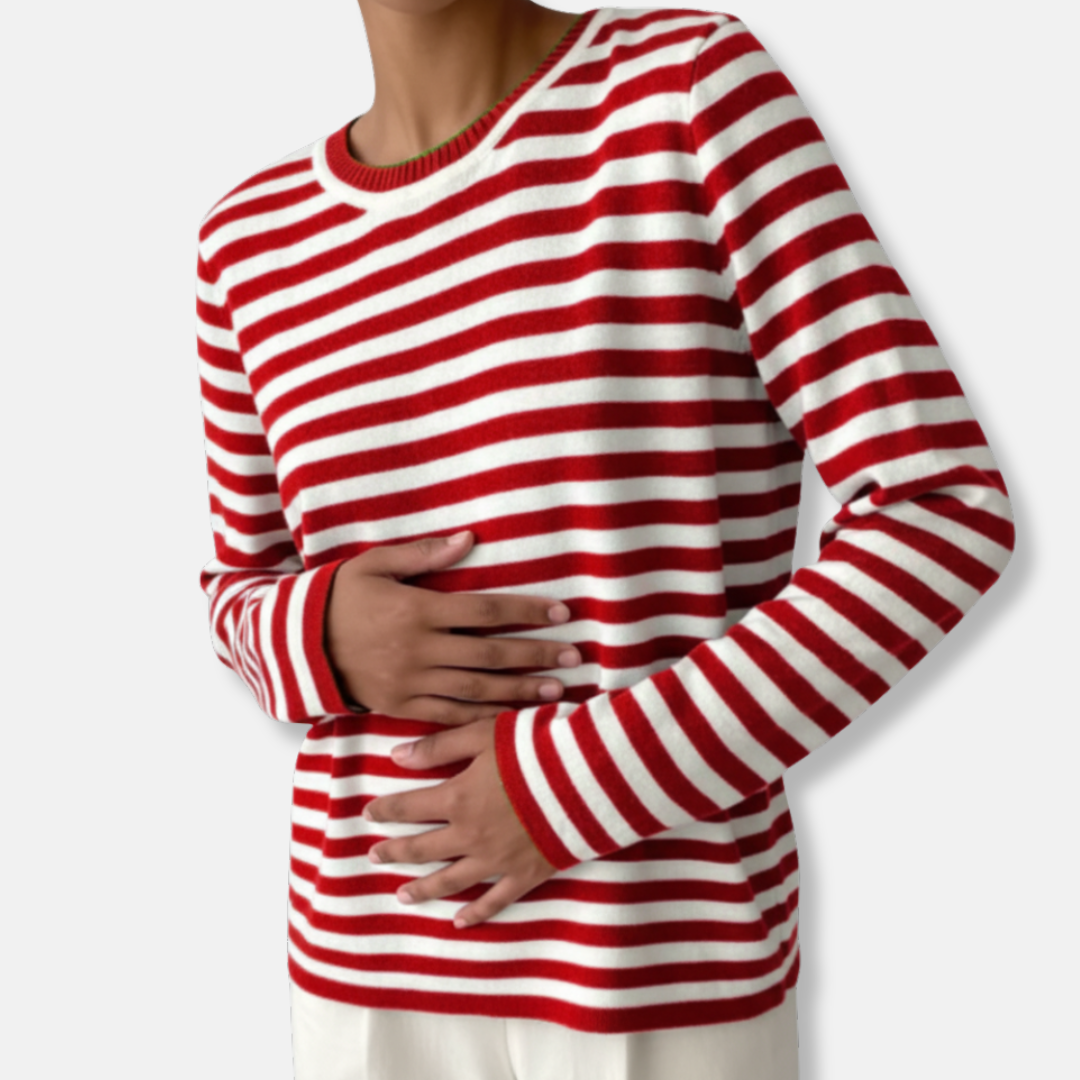 Anna Cotton Blend Relaxed Fit Long Sleeve Sweater | Striped Ribbed Crewneck Sweater