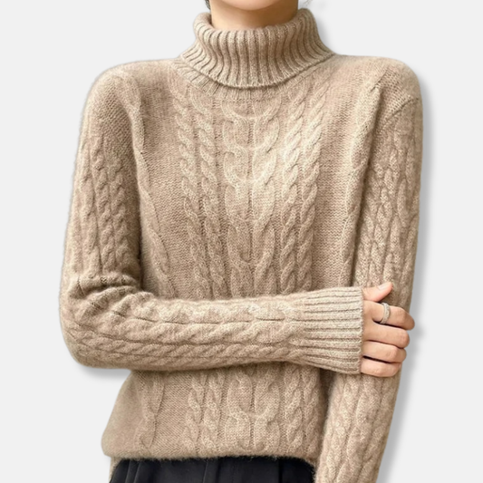 Isla Cable Knit Turtleneck Sweater | Ribbed Collar Long Sleeve Sweater