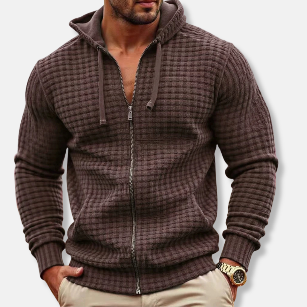 Men’s Hooded Sweatshirt – Waffle Knit – Regular Fit – Full Zip with Drawstring Hood