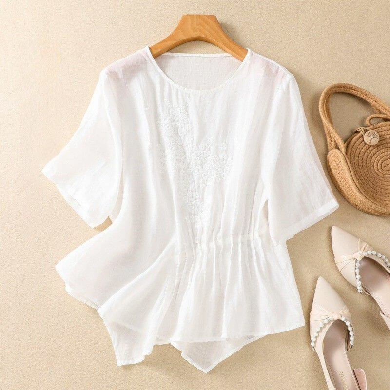 Aurora Relaxed Fit Blouse | Embroidered Crewneck Casual Blouse