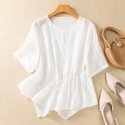 Aurora Relaxed Fit Blouse | Embroidered Crewneck Casual Blouse