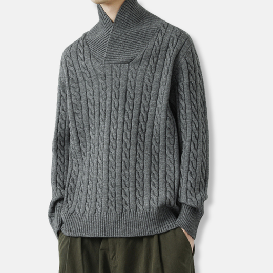 Men’s Pullover Sweatshirt – Loose Fit – Wool Knit – Cable Texture – Shawl Collar
