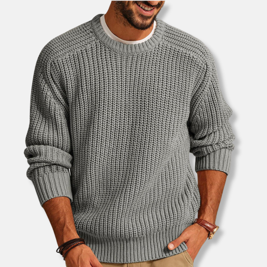Men’s Sweatshirt – Loose Fit – Chunky Knit – Round Neck – Ribbed Cuffs and Hem