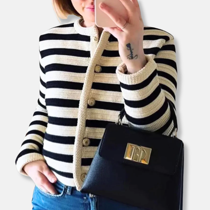 Amelia Classic Fit Cardigan | Striped Crewneck Button Front Cardigan