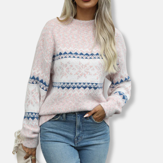 Women’s Knit Sweatshirt – Oversized Fit – Mock Neck – Fair Isle Pattern – Ribbed Cuffs