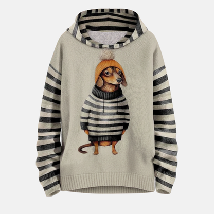 Women’s Hoodie – Relaxed Fit – Cartoon Dog Print – Striped Detail