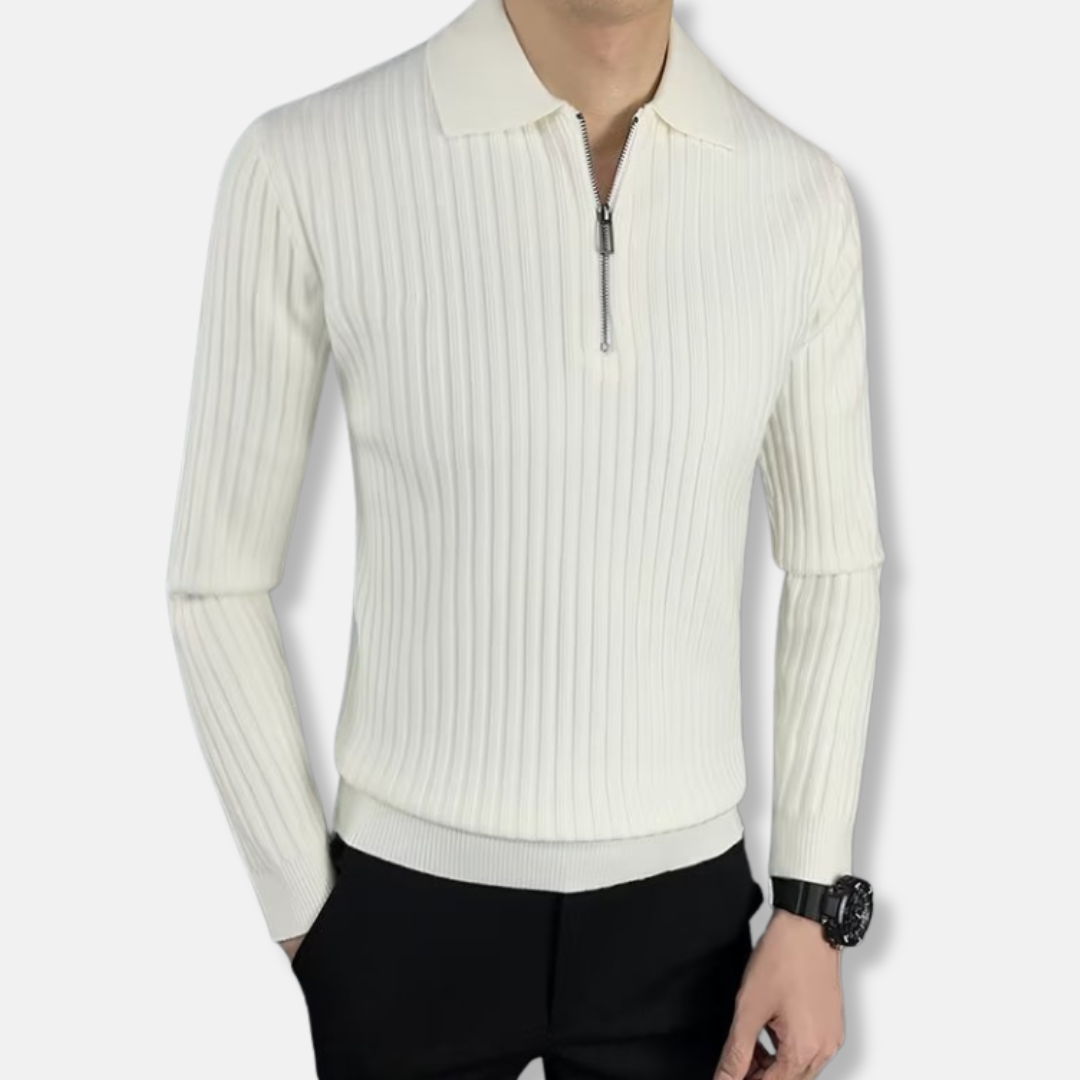 Men’s Polo Shirt – Regular Fit – Ribbed Texture – Long Sleeve Half-Zip