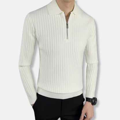 Men’s Polo Shirt – Regular Fit – Ribbed Texture – Long Sleeve Half-Zip