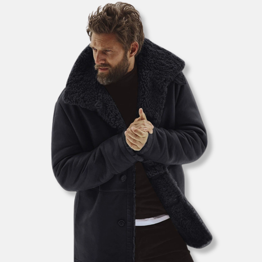 Men’s Coat – Relaxed Fit – Shearling Collar – Button Front – Mid-Thigh Length