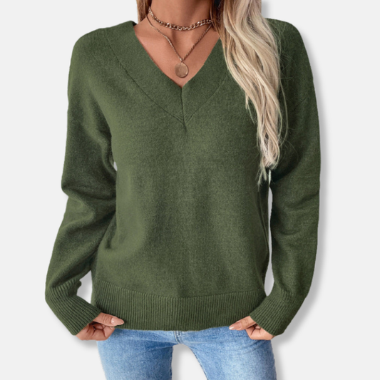 Freya V-Neck Ribbed Sweater | Relaxed Fit Long Sleeve Sweater