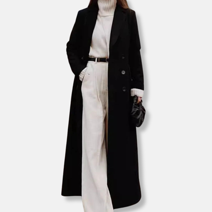 Women’s Longline Coat – Oversized Fit – Double-Breasted – Notched Lapel