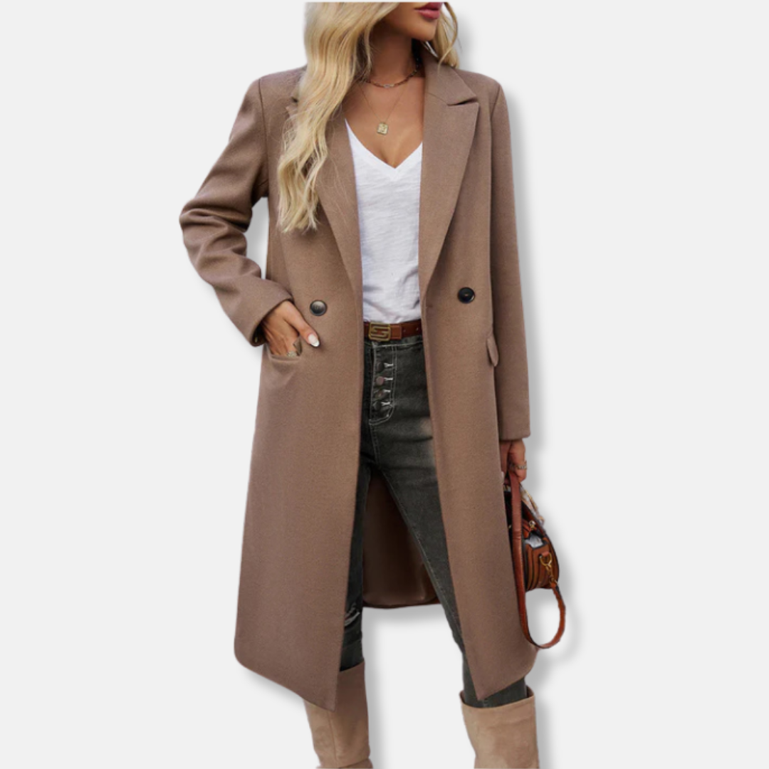 Women’s Long Coat – Wool Blend – Relaxed Fit – Double Breasted – Notched Lapel