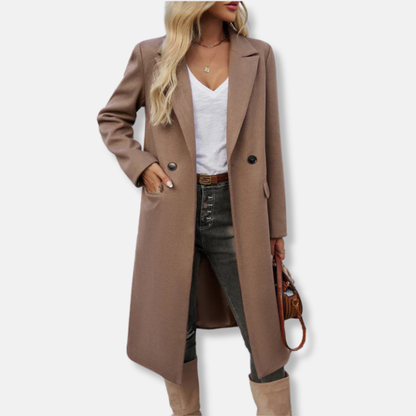 Women’s Long Coat – Wool Blend – Relaxed Fit – Double Breasted – Notched Lapel