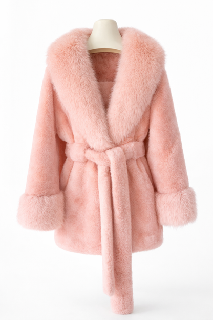 Isabella Faux Fur Trim Belted Coat – Plush Finish – Statement Collar