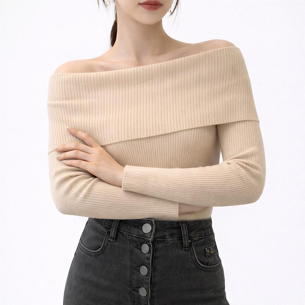 Aria Fitted Ribbed Off-Shoulder Sweater | Solid Long Sleeve Knit