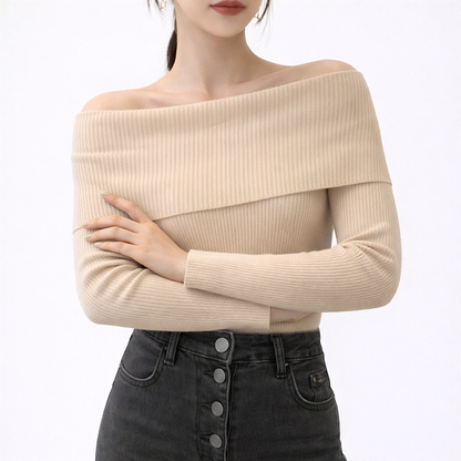 Aria Fitted Ribbed Off-Shoulder Sweater | Solid Long Sleeve Knit