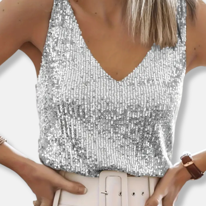 Isabella Sequined V-Neck Sequin Top | Sleeveless Hip-Length Top