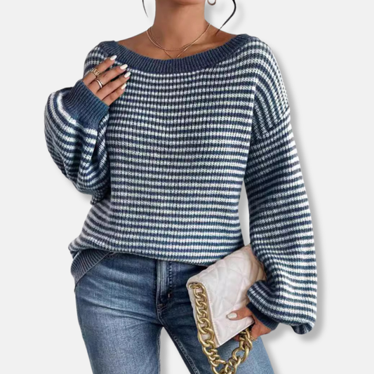 Women’s Knitted Sweatshirt – Relaxed Fit – Boat Neck – Lantern Sleeve – Textured Stripe