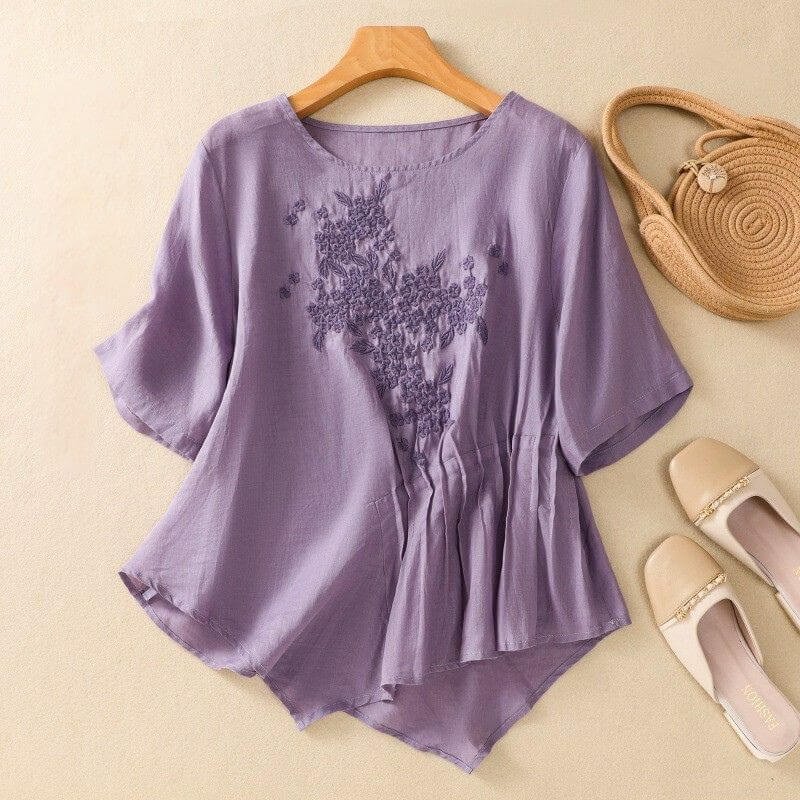 Aurora Relaxed Fit Blouse | Embroidered Crewneck Casual Blouse