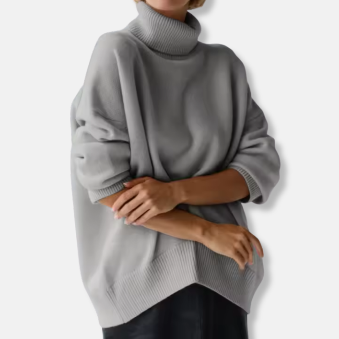 Women’s Pullover Sweater – Oversized Fit – Knit Wool Blend – Ribbed Turtleneck – Long Sleeve