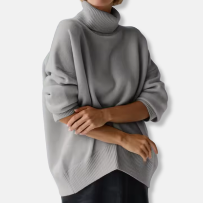 Women’s Pullover Sweater – Oversized Fit – Knit Wool Blend – Ribbed Turtleneck – Long Sleeve