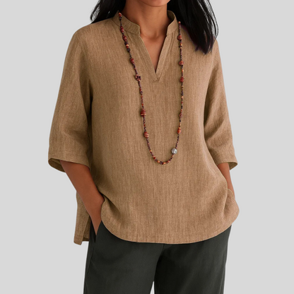 Alice Relaxed Fit Blouse | Notch V-Neck Elbow Sleeve Blouse