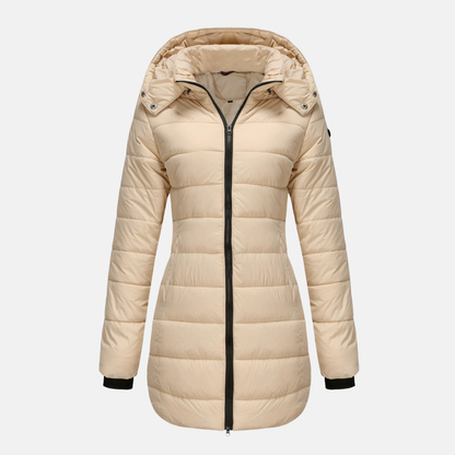 Women’s Puffer Jacket – Insulated Padding – Detachable Hood – Mid-Length Fit – Ribbed Cuffs