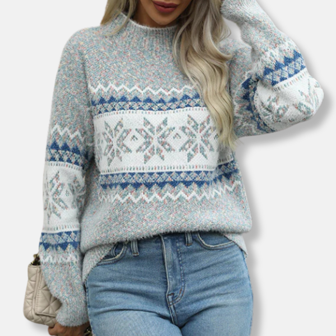 Women’s Knit Sweatshirt – Oversized Fit – Mock Neck – Fair Isle Pattern – Ribbed Cuffs