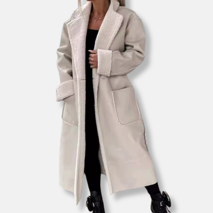 Women’s Long Coat – Oversized Fit – Wrap Style with Plush Trim and Tie Belt