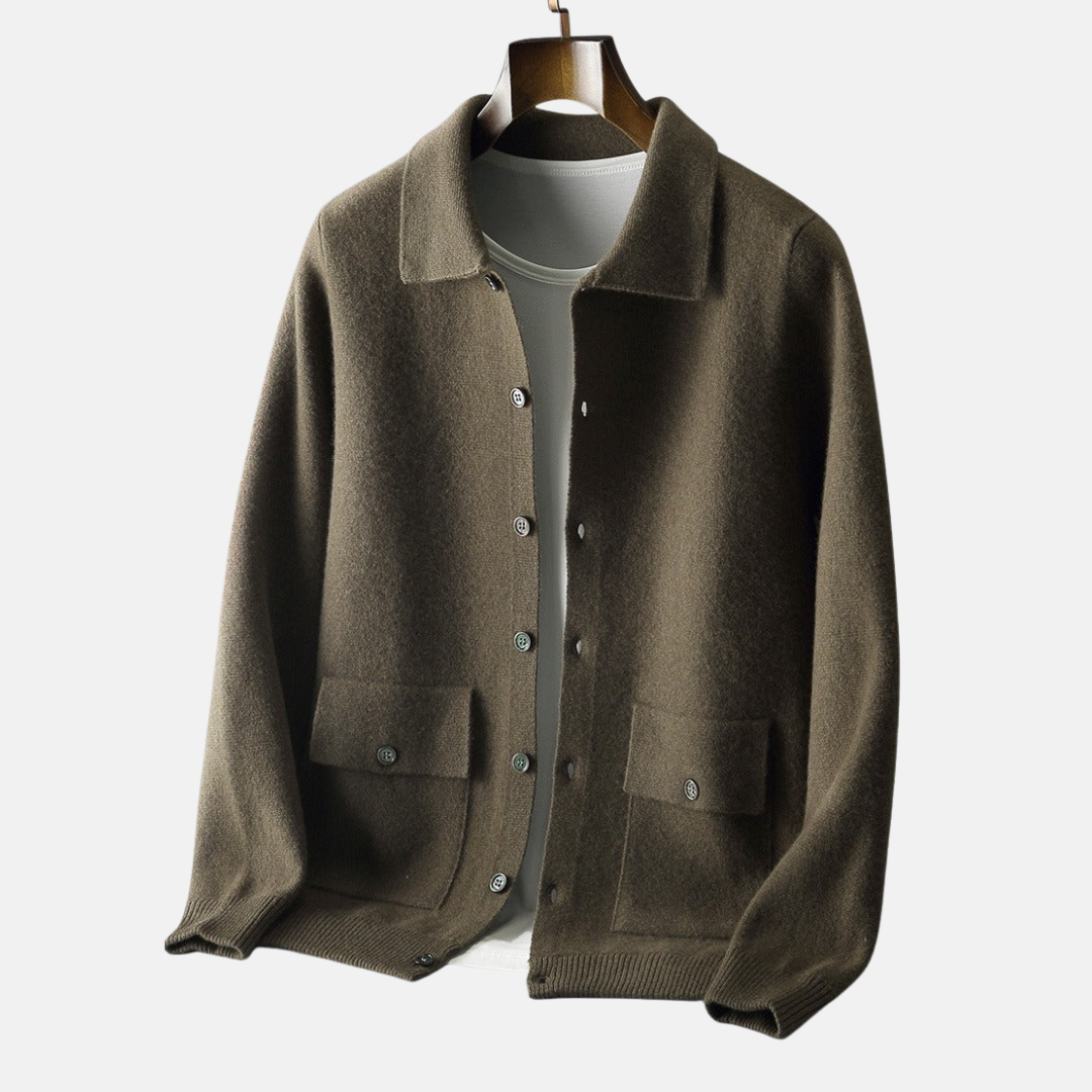 Men’s Cardigan Jacket –  Relaxed Fit – Button Front – Lapel Collar – Patch Pockets