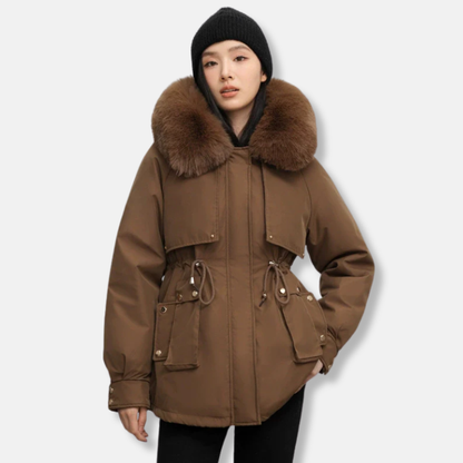 Women’s Parka Jacket – Water-Resistant – Detachable Faux Fur Collar – Adjustable Waist