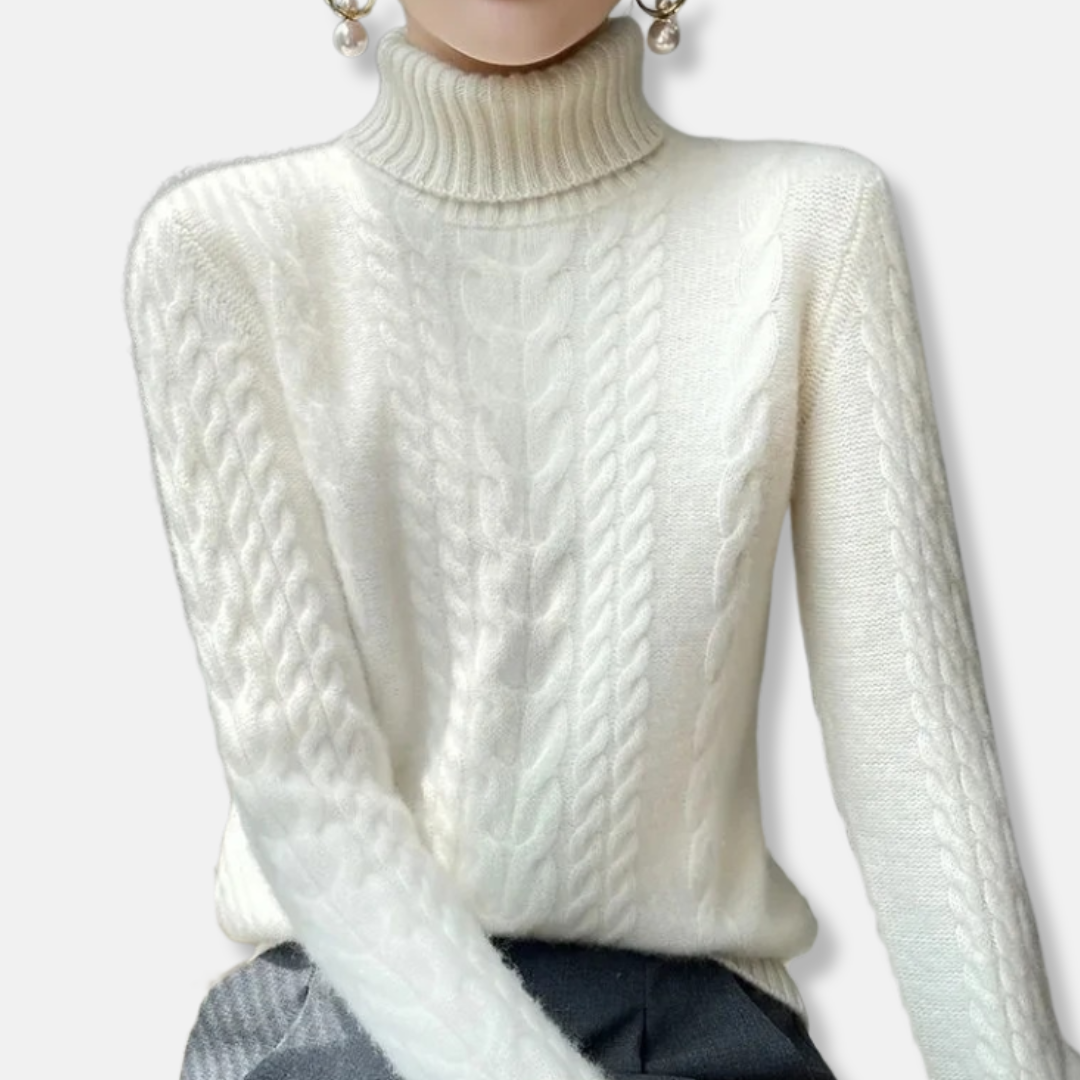 Isla Cable Knit Turtleneck Sweater | Ribbed Collar Long Sleeve Sweater