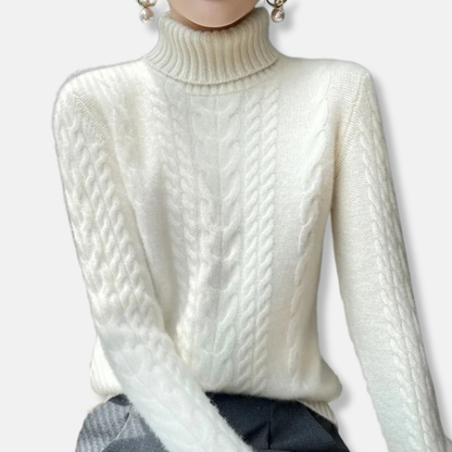 Isla Cable Knit Turtleneck Sweater | Ribbed Collar Long Sleeve Sweater
